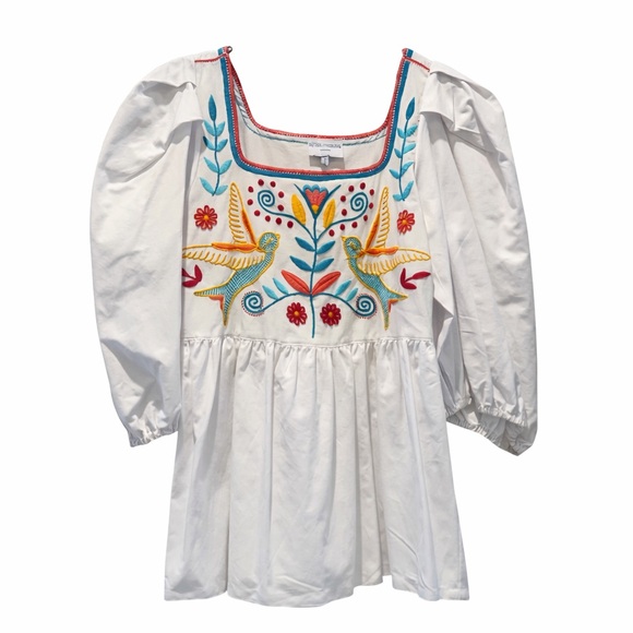 Mi Golondrina Tops - Mi Golondrina Mexico Embroidered Blouse Small White Cotton Folk Top